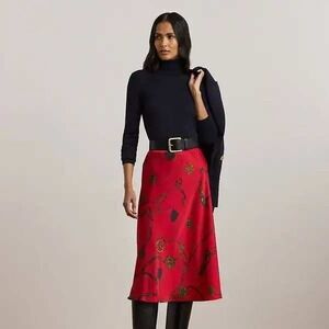 NWT Ralph Lauren belting-print nautical satin charmeuse Red midi skirt Size 16